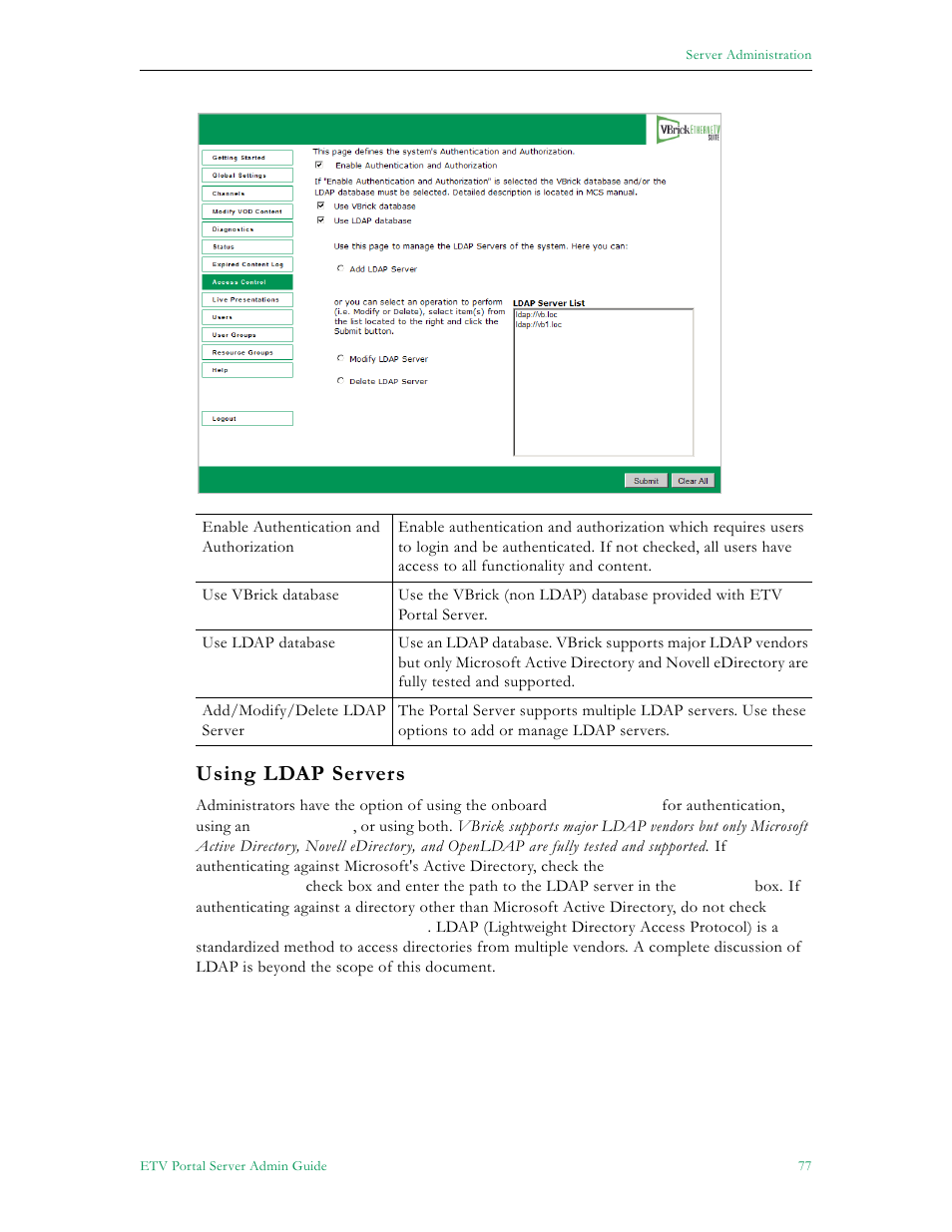 Using ldap servers | VBrick Systems Portal Server ETV v4.2 User Manual | Page 89 / 164