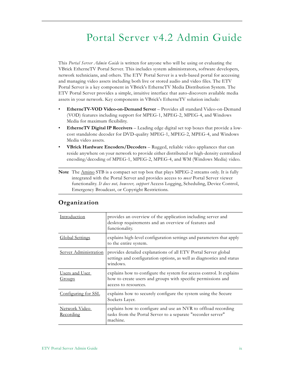 Portal server v4.2 admin guide, Organization | VBrick Systems Portal Server ETV v4.2 User Manual | Page 9 / 164