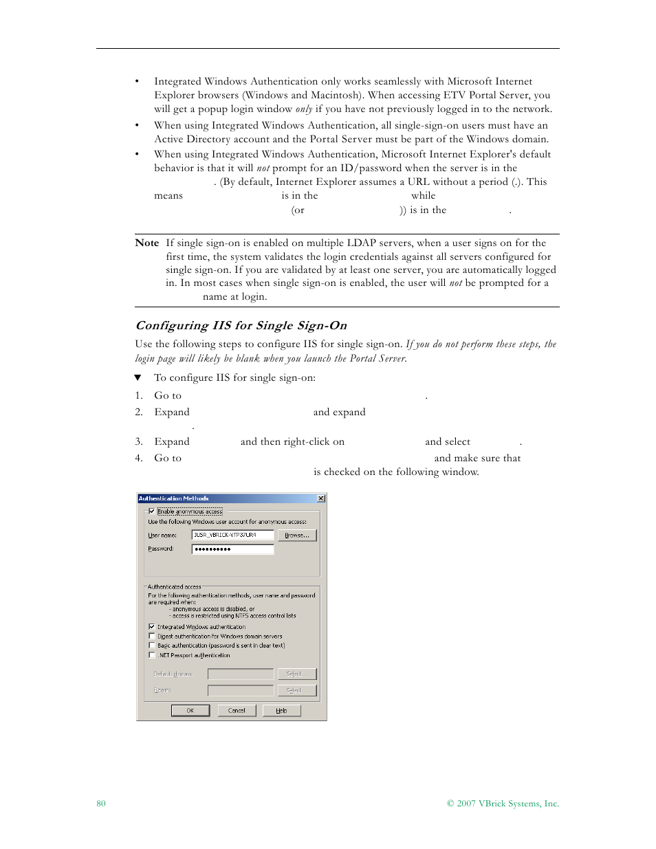 Configuring iis for single sign-on | VBrick Systems Portal Server ETV v4.2 User Manual | Page 92 / 164