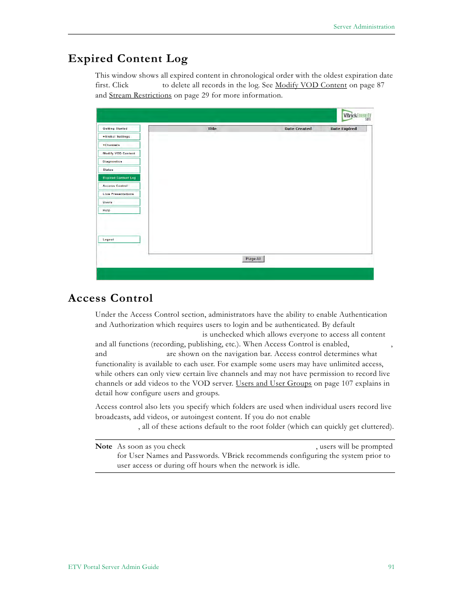 Expired content log access control, Expired content log, 91 access control | Access control | VBrick Systems ETHERNETV V4.4.3 User Manual | Page 103 / 216
