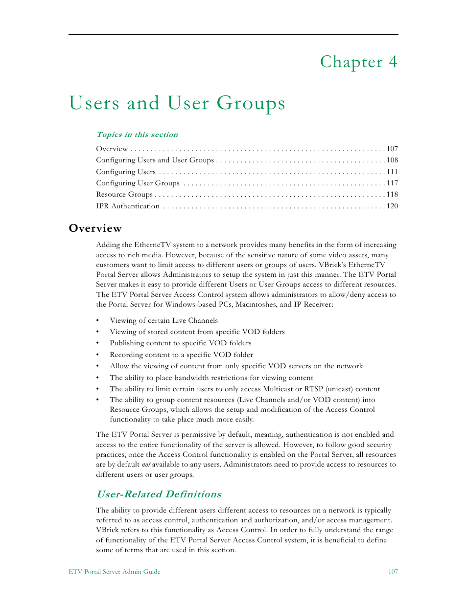 Users and user groups, Overview, User-related definitions | Chapter 4 | VBrick Systems ETHERNETV V4.4.3 User Manual | Page 119 / 216
