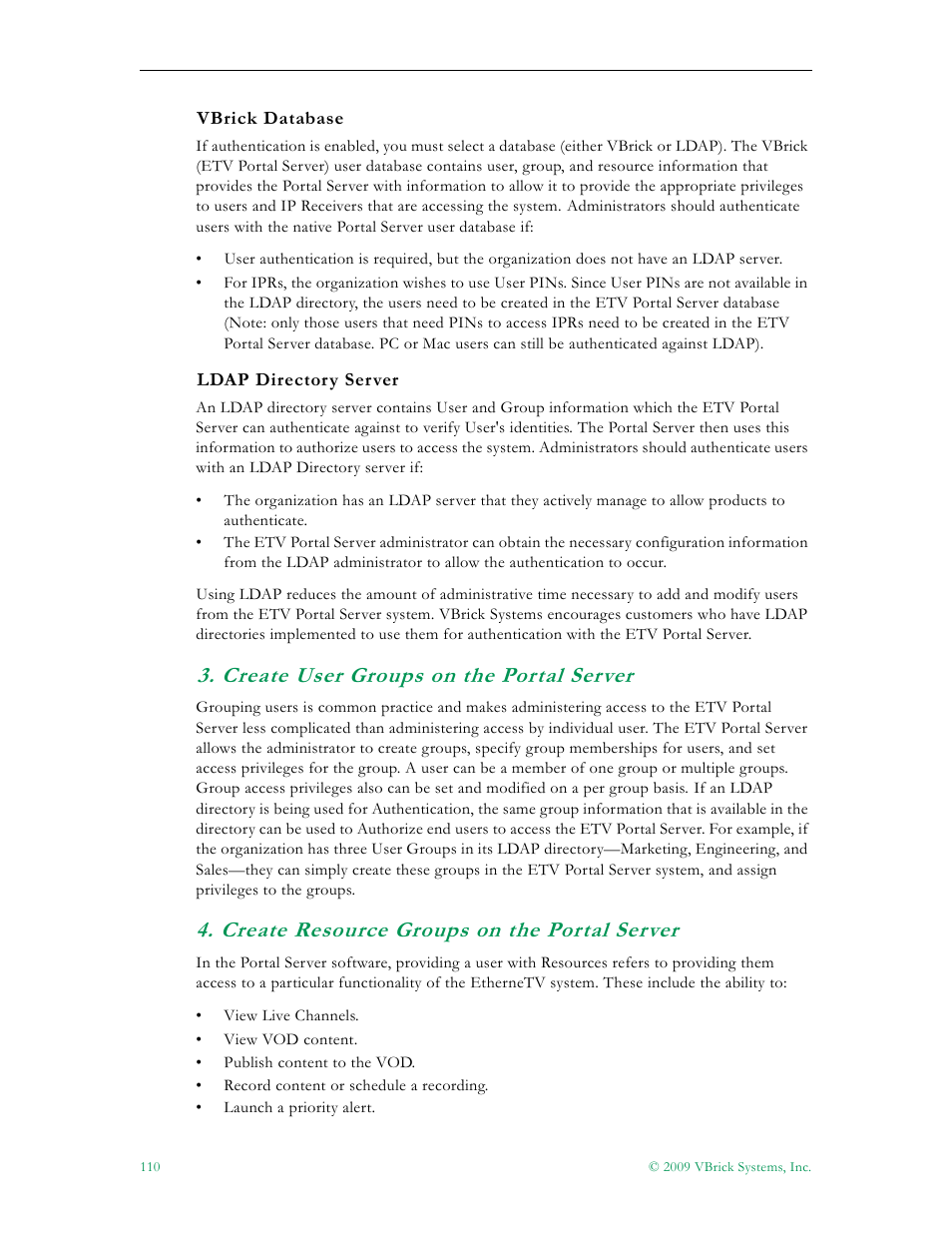 Create user groups on the portal server, Create resource groups on the portal server | VBrick Systems ETHERNETV V4.4.3 User Manual | Page 122 / 216
