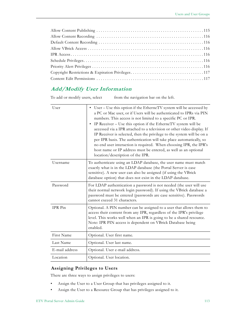 Add/modify user information | VBrick Systems ETHERNETV V4.4.3 User Manual | Page 125 / 216