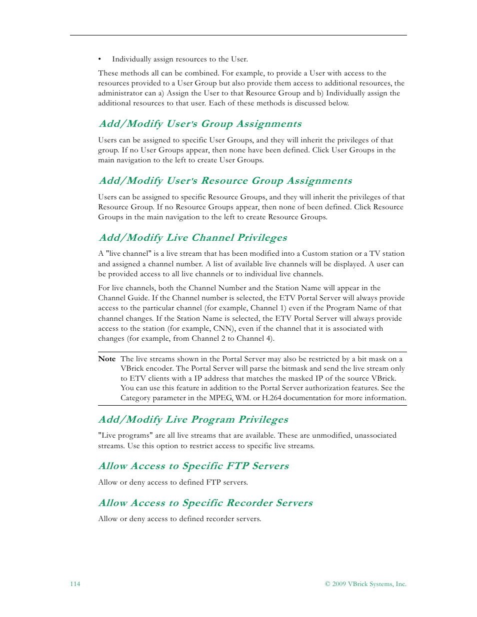 Add/modify user's group assignments, 114 add/modify user's resource group assignments, 114 add/modify live channel privileges | 114 add/modify live program privileges, 114 allow access to specific ftp servers, 114 allow access to specific recorder servers, Add/modify user, S group assignments, S resource group assignments, Add/modify live channel privileges | VBrick Systems ETHERNETV V4.4.3 User Manual | Page 126 / 216