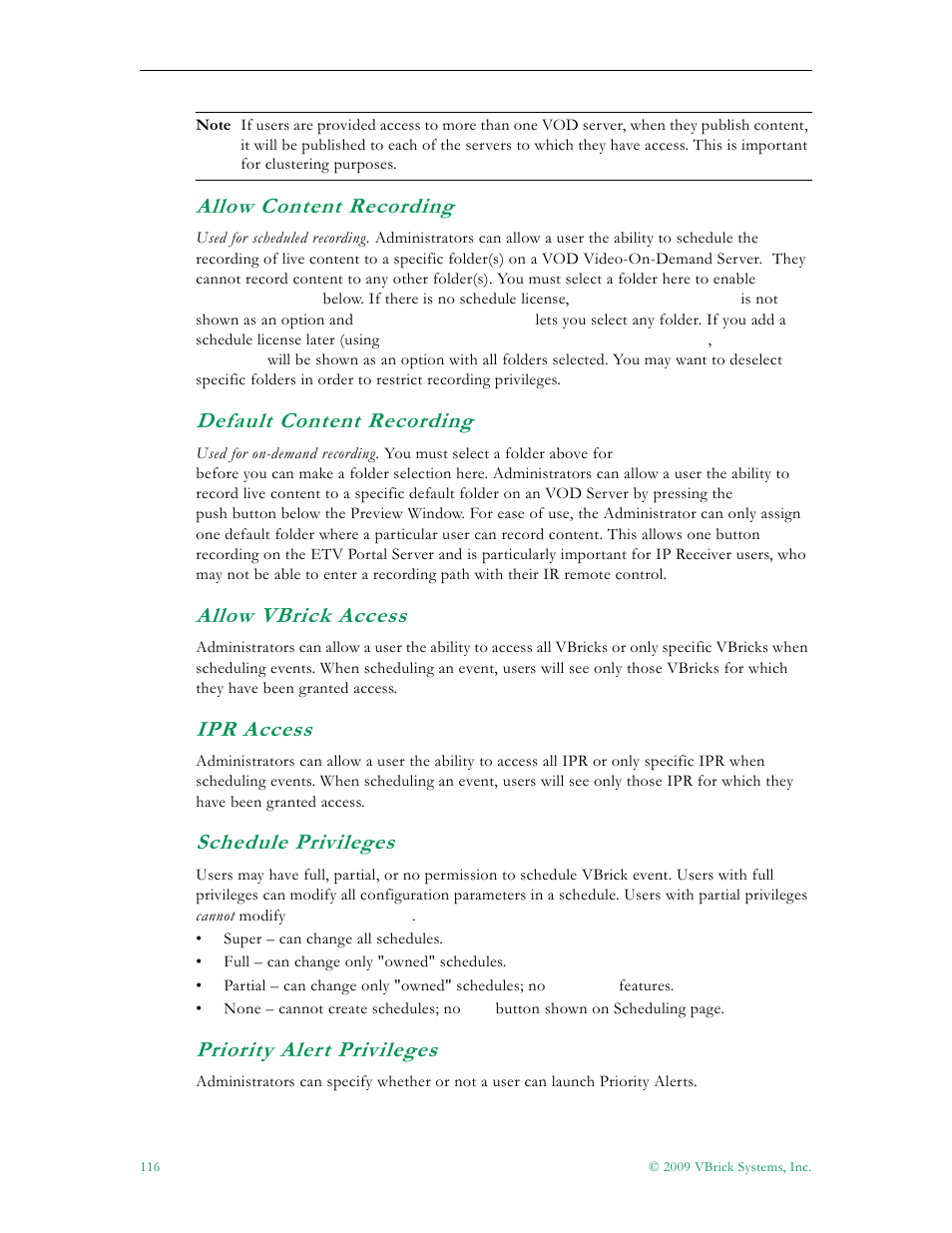 Allow content recording, 116 default content recording, 116 allow vbrick access | 116 ipr access, 116 schedule privileges, 116 priority alert privileges, Default content recording, Allow vbrick access, Ipr access, Schedule privileges | VBrick Systems ETHERNETV V4.4.3 User Manual | Page 128 / 216