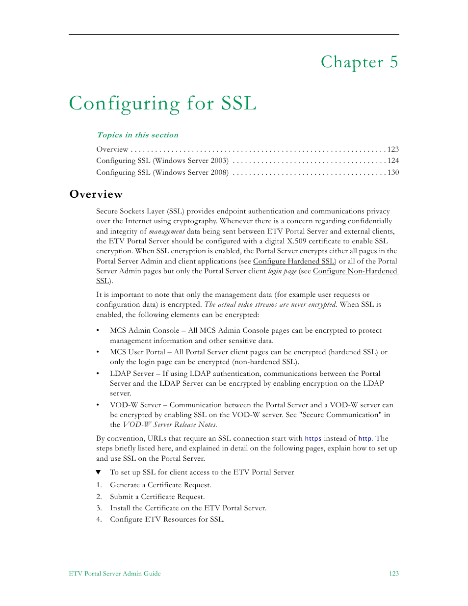 Configuring for ssl, Overview, Chapter 5 | VBrick Systems ETHERNETV V4.4.3 User Manual | Page 135 / 216