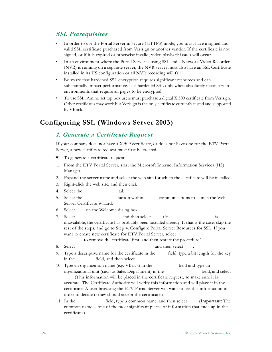 Ssl prerequisites, Configuring ssl (windows server 2003), Generate a certificate request | VBrick Systems ETHERNETV V4.4.3 User Manual | Page 136 / 216