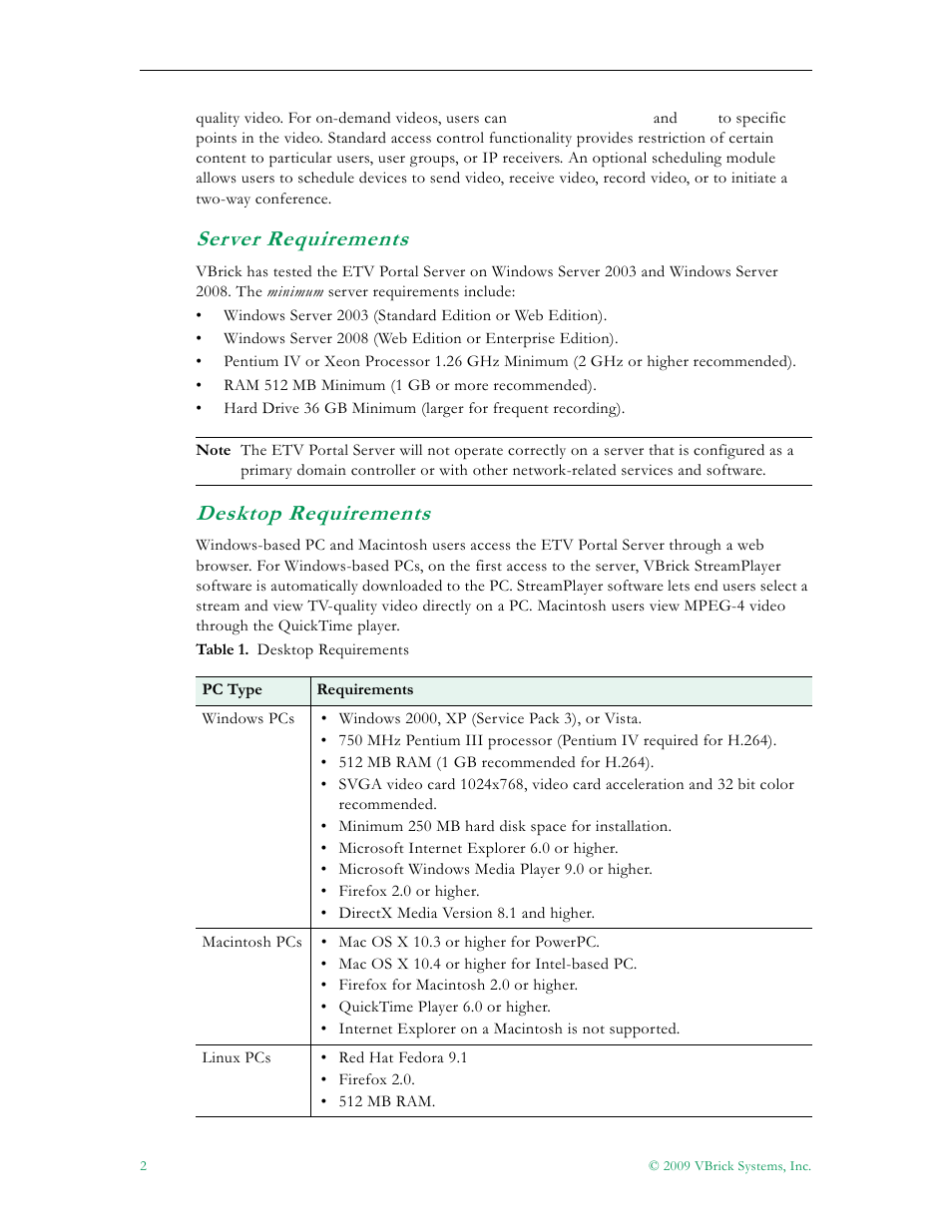 Server requirements desktop requirements, Server requirements, Desktop requirements | VBrick Systems ETHERNETV V4.4.3 User Manual | Page 14 / 216