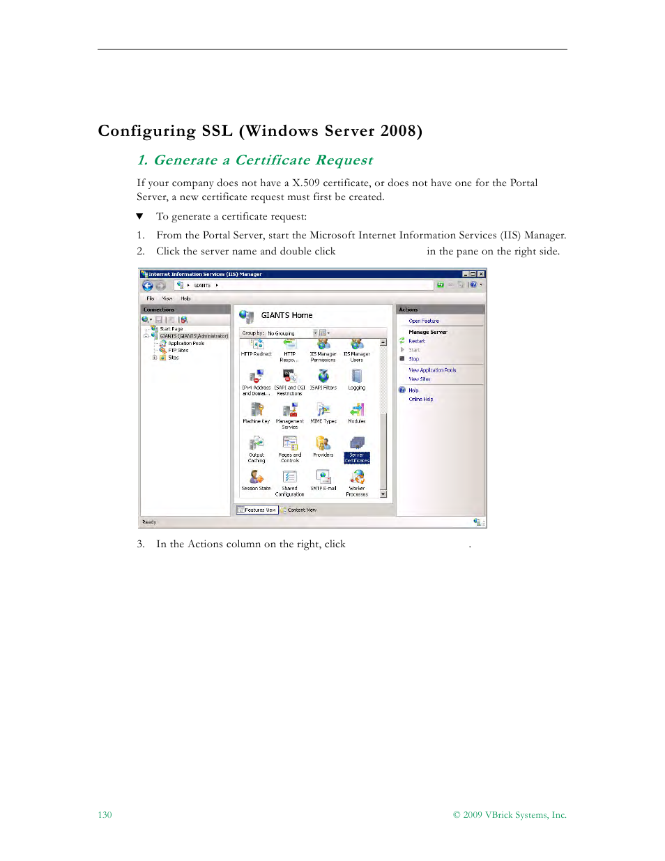 Configuring ssl (windows server 2008), Generate a certificate request | VBrick Systems ETHERNETV V4.4.3 User Manual | Page 142 / 216