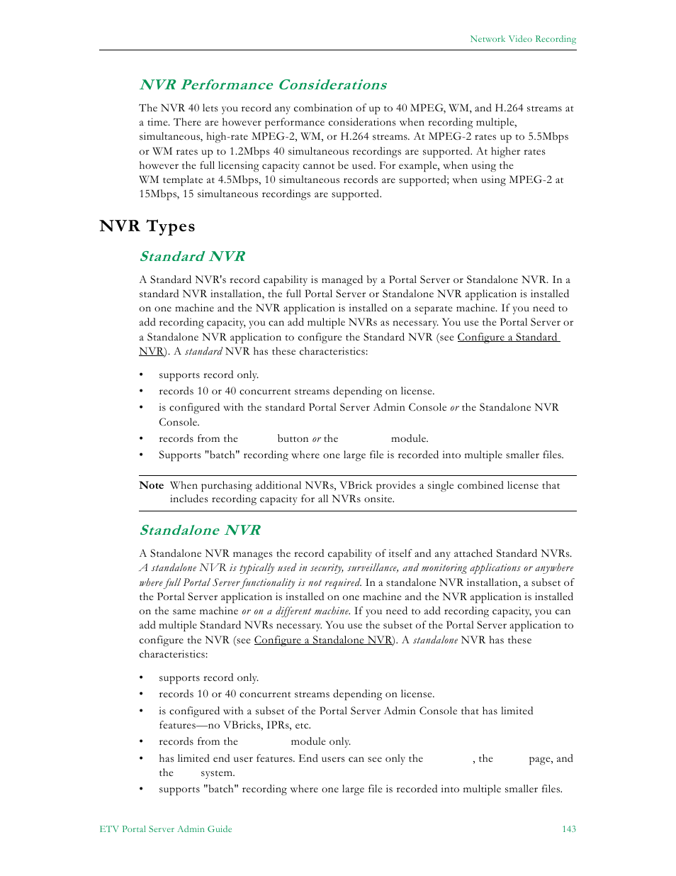 Nvr performance considerations, Nvr types, Standard nvr standalone nvr | Standard nvr, Standalone nvr | VBrick Systems ETHERNETV V4.4.3 User Manual | Page 155 / 216