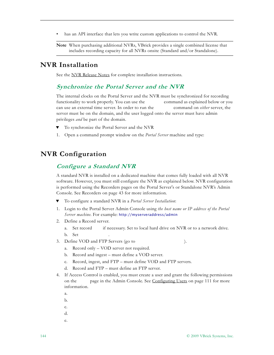 Nvr installation, Synchronize the portal server and the nvr, Nvr configuration | Configure a standard nvr, 144 nvr configuration | VBrick Systems ETHERNETV V4.4.3 User Manual | Page 156 / 216