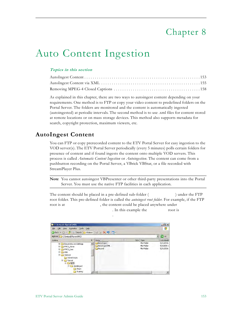Auto content ingestion, Autoingest content, Chapter 8 | VBrick Systems ETHERNETV V4.4.3 User Manual | Page 165 / 216