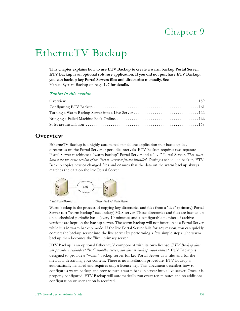 Ethernetv backup, Overview, Chapter 9 | VBrick Systems ETHERNETV V4.4.3 User Manual | Page 171 / 216