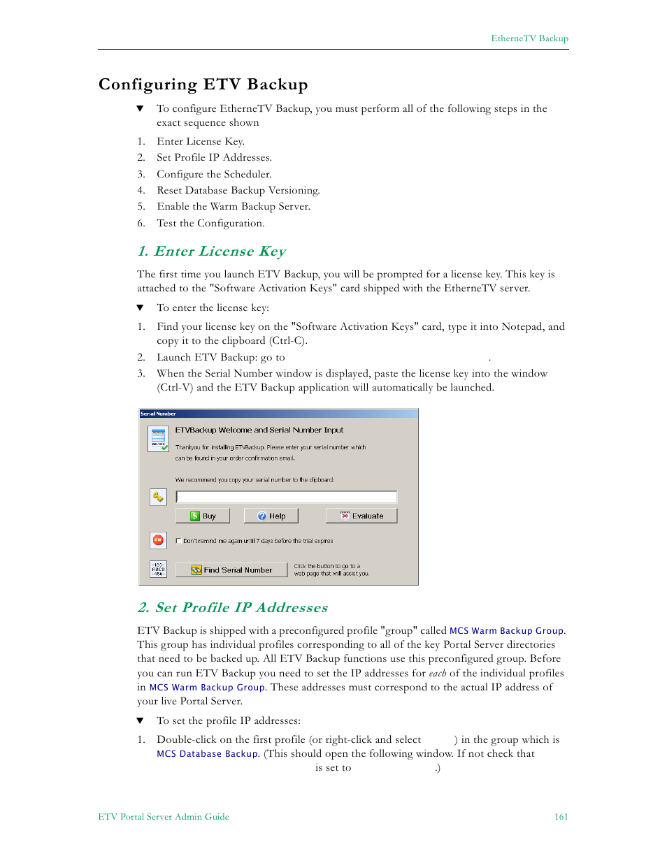 Enter license key 2. set profile ip addresses, Configuring etv backup, Enter license key | Set profile ip addresses | VBrick Systems ETHERNETV V4.4.3 User Manual | Page 173 / 216