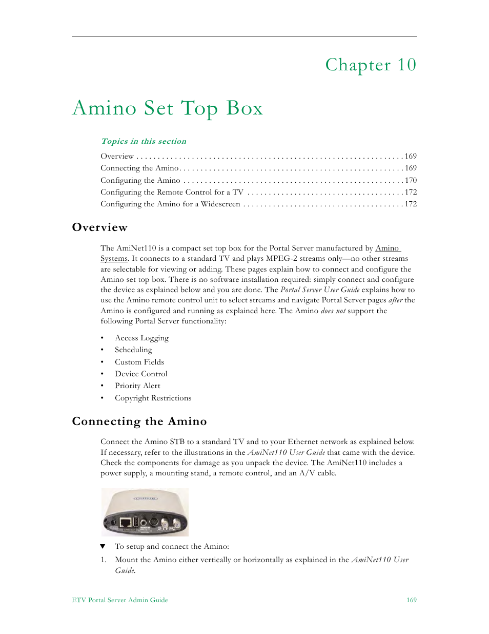 Amino set top box, Overview connecting the amino, Chapter 10 | Overview, Connecting the amino | VBrick Systems ETHERNETV V4.4.3 User Manual | Page 181 / 216