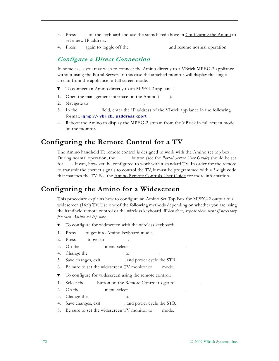 Configure a direct connection, Configuring the remote control for a tv, 172 configuring the amino for a widescreen | Configuring the amino for a widescreen | VBrick Systems ETHERNETV V4.4.3 User Manual | Page 184 / 216