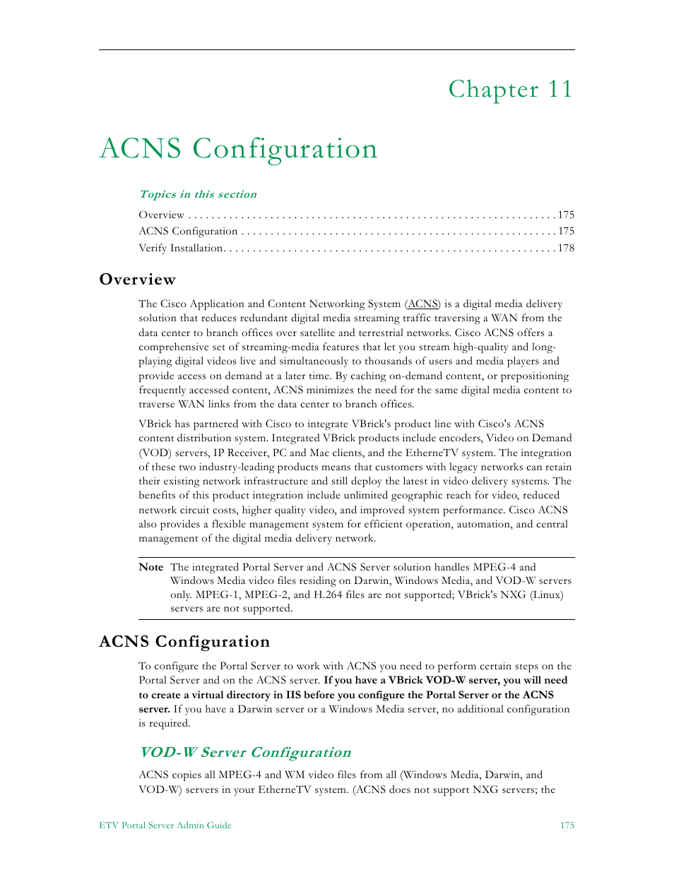 Acns configuration, Overview acns configuration, Vod-w server configuration | Chapter 11, Overview | VBrick Systems ETHERNETV V4.4.3 User Manual | Page 187 / 216