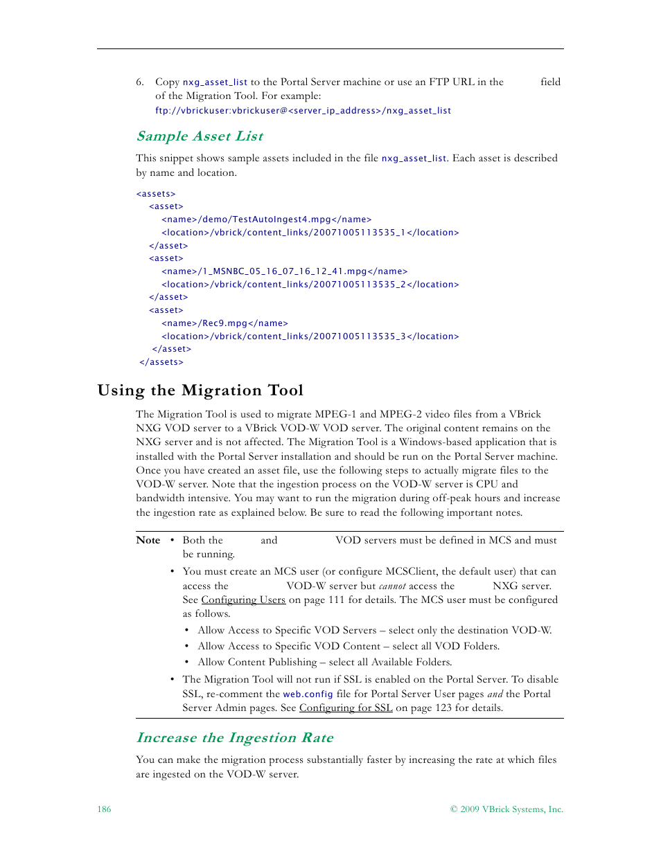 Sample asset list, Using the migration tool, Increase the ingestion rate | Sample asset list) | VBrick Systems ETHERNETV V4.4.3 User Manual | Page 198 / 216