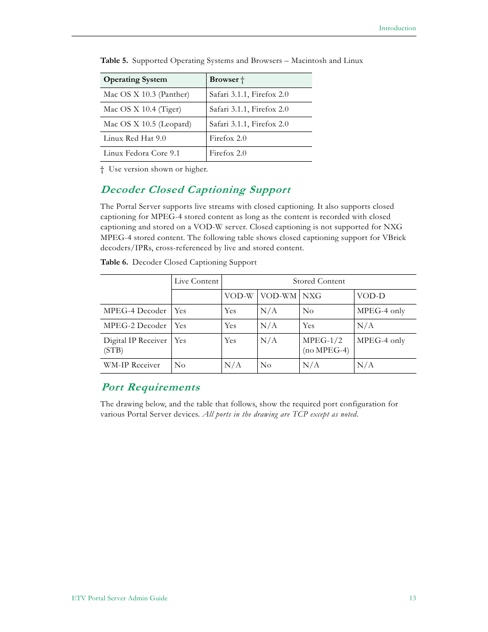 Decoder closed captioning support, Port requirements | VBrick Systems ETHERNETV V4.4.3 User Manual | Page 25 / 216