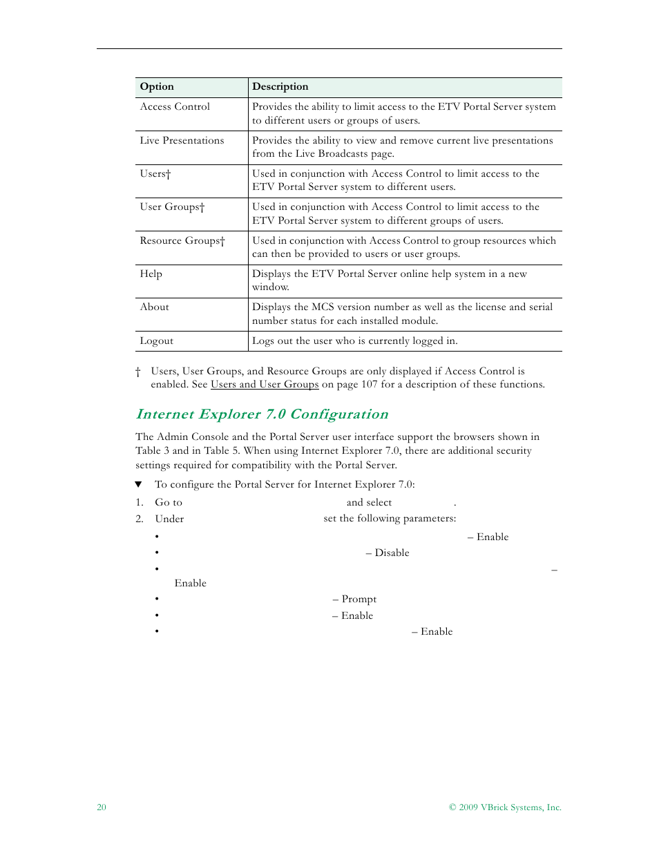Internet explorer 7.0 configuration | VBrick Systems ETHERNETV V4.4.3 User Manual | Page 32 / 216