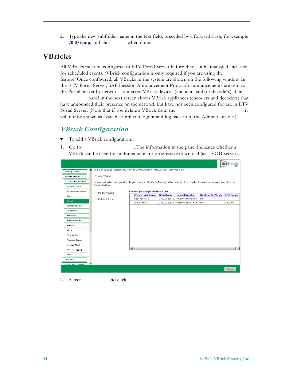 Vbricks, Vbrick configuration | VBrick Systems ETHERNETV V4.4.3 User Manual | Page 56 / 216
