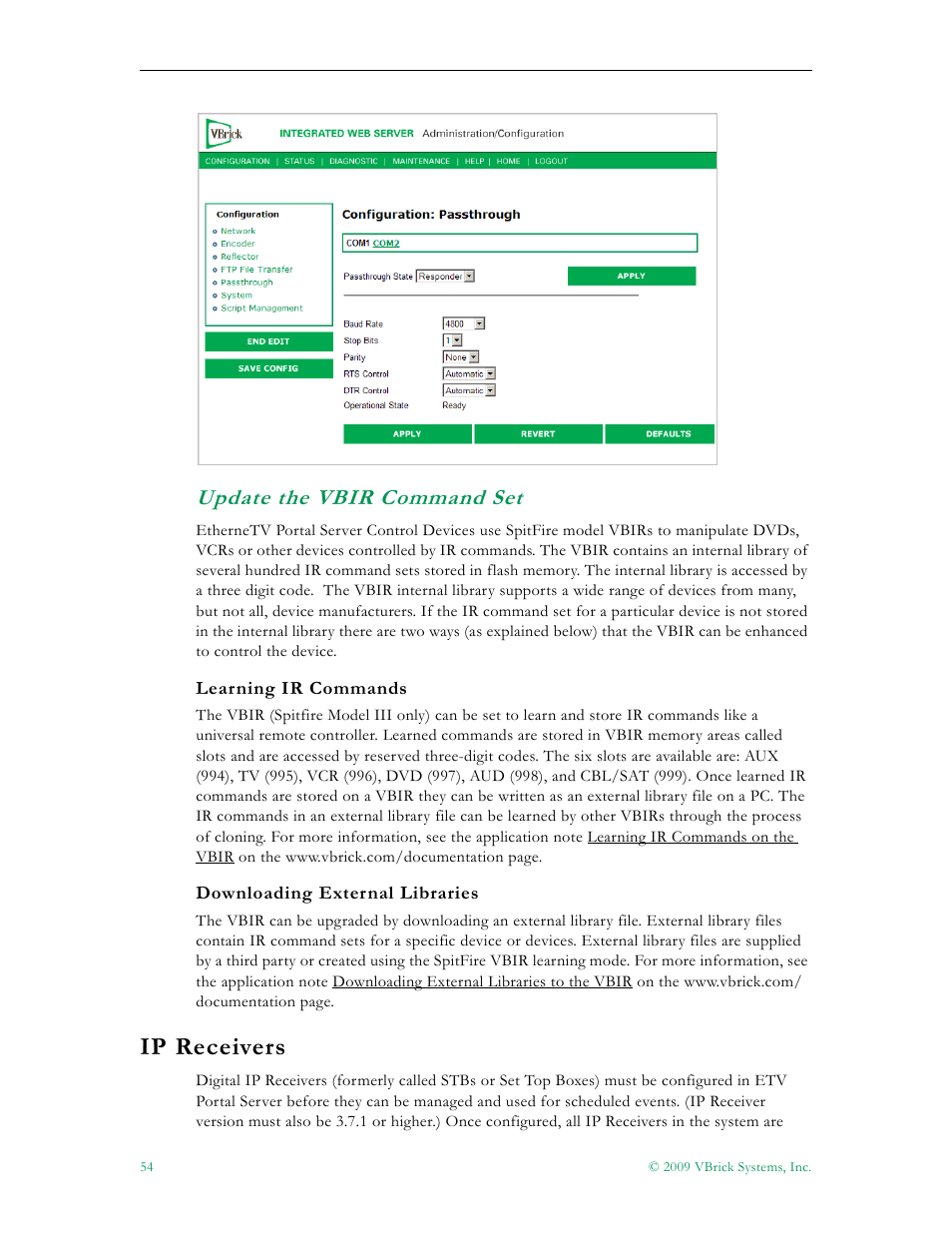 Update the vbir command set, Ip receivers | VBrick Systems ETHERNETV V4.4.3 User Manual | Page 66 / 216