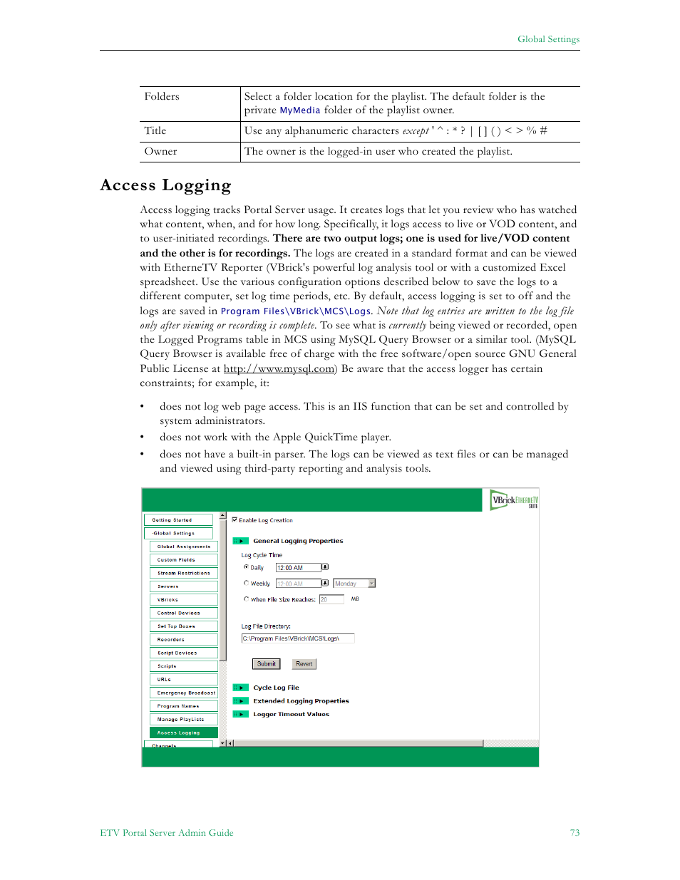 Access logging | VBrick Systems ETHERNETV V4.4.3 User Manual | Page 85 / 216
