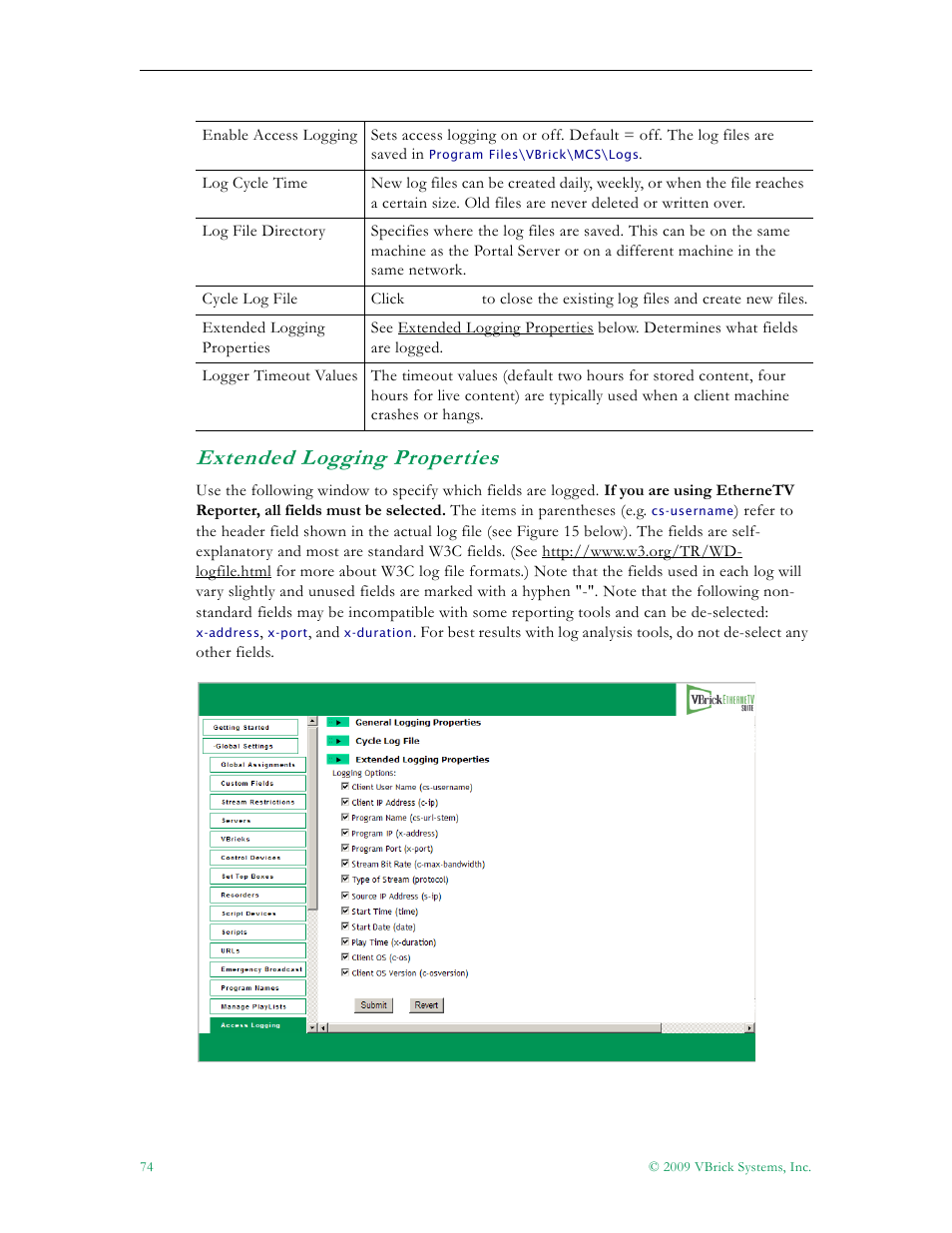 Extended logging properties | VBrick Systems ETHERNETV V4.4.3 User Manual | Page 86 / 216