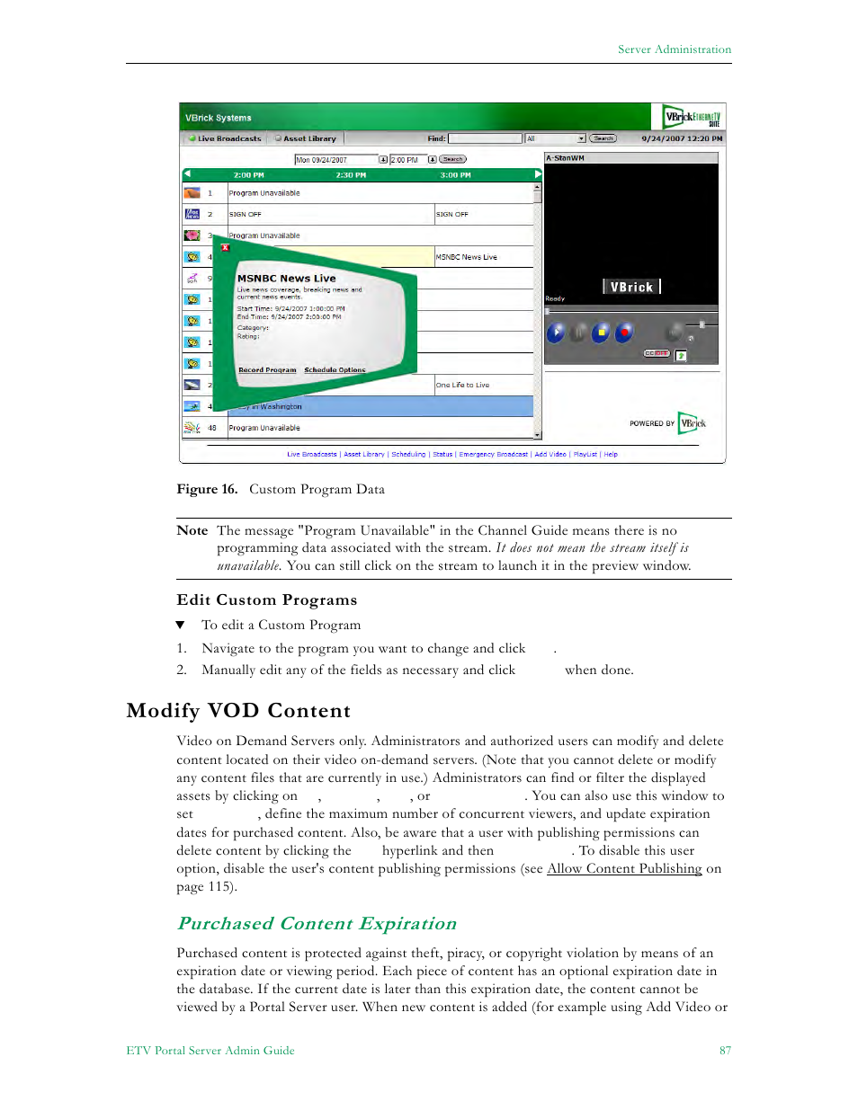 Modify vod content, Purchased content expiration, He modify vod content pa | VBrick Systems ETHERNETV V4.4.3 User Manual | Page 99 / 216