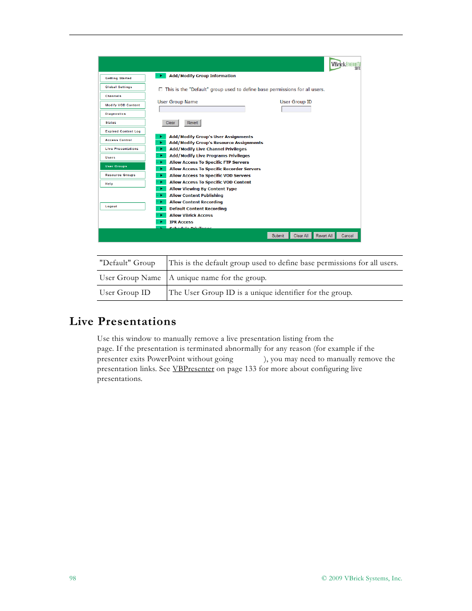 Live presentations | VBrick Systems ETHERNETV 4410-0118-0009 User Manual | Page 110 / 202