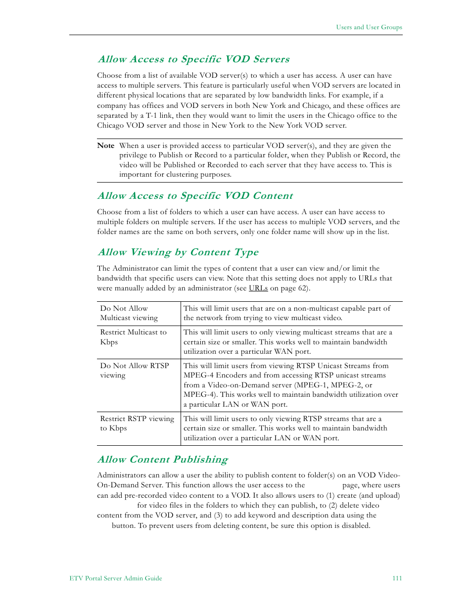 Allow access to specific vod servers, 111 allow access to specific vod content, 111 allow viewing by content type | Allow content publishing, Allow access to specific vod content, Allow viewing by content type | VBrick Systems ETHERNETV 4410-0118-0009 User Manual | Page 123 / 202