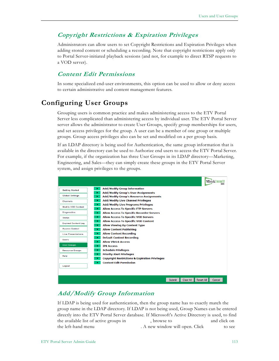 Configuring user groups, Add/modify group information, Copyright restrictions & expiration privileges | 113 content edit permissions, Content edit permissions | VBrick Systems ETHERNETV 4410-0118-0009 User Manual | Page 125 / 202