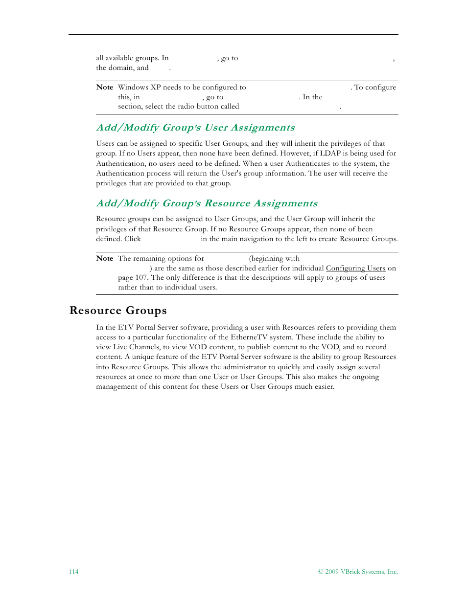 Resource groups, Add/modify group, S user assignments | S resource assignments | VBrick Systems ETHERNETV 4410-0118-0009 User Manual | Page 126 / 202