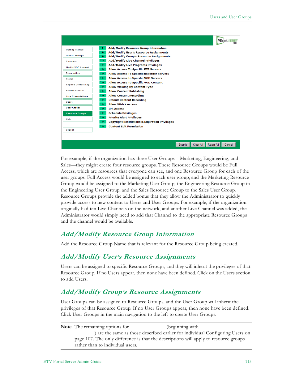 Add/modify resource group information, Add/modify user, S resource assignments | Add/modify group | VBrick Systems ETHERNETV 4410-0118-0009 User Manual | Page 127 / 202