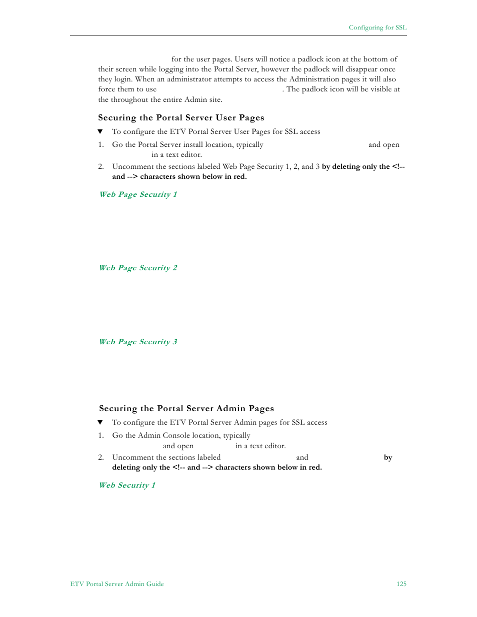 Securing the portal server user pages, Securing the portal server admin pages | VBrick Systems ETHERNETV 4410-0118-0009 User Manual | Page 137 / 202