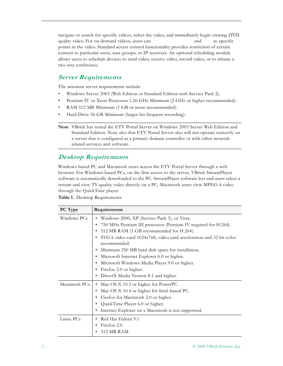 Server requirements desktop requirements, Server requirements, Desktop requirements | VBrick Systems ETHERNETV 4410-0118-0009 User Manual | Page 14 / 202