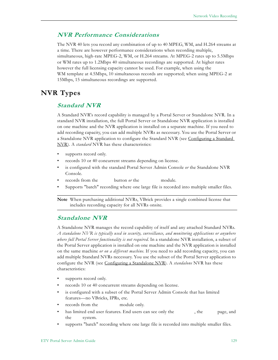 Nvr performance considerations, Nvr types, Standard nvr standalone nvr | Standard nvr, Standalone nvr | VBrick Systems ETHERNETV 4410-0118-0009 User Manual | Page 141 / 202