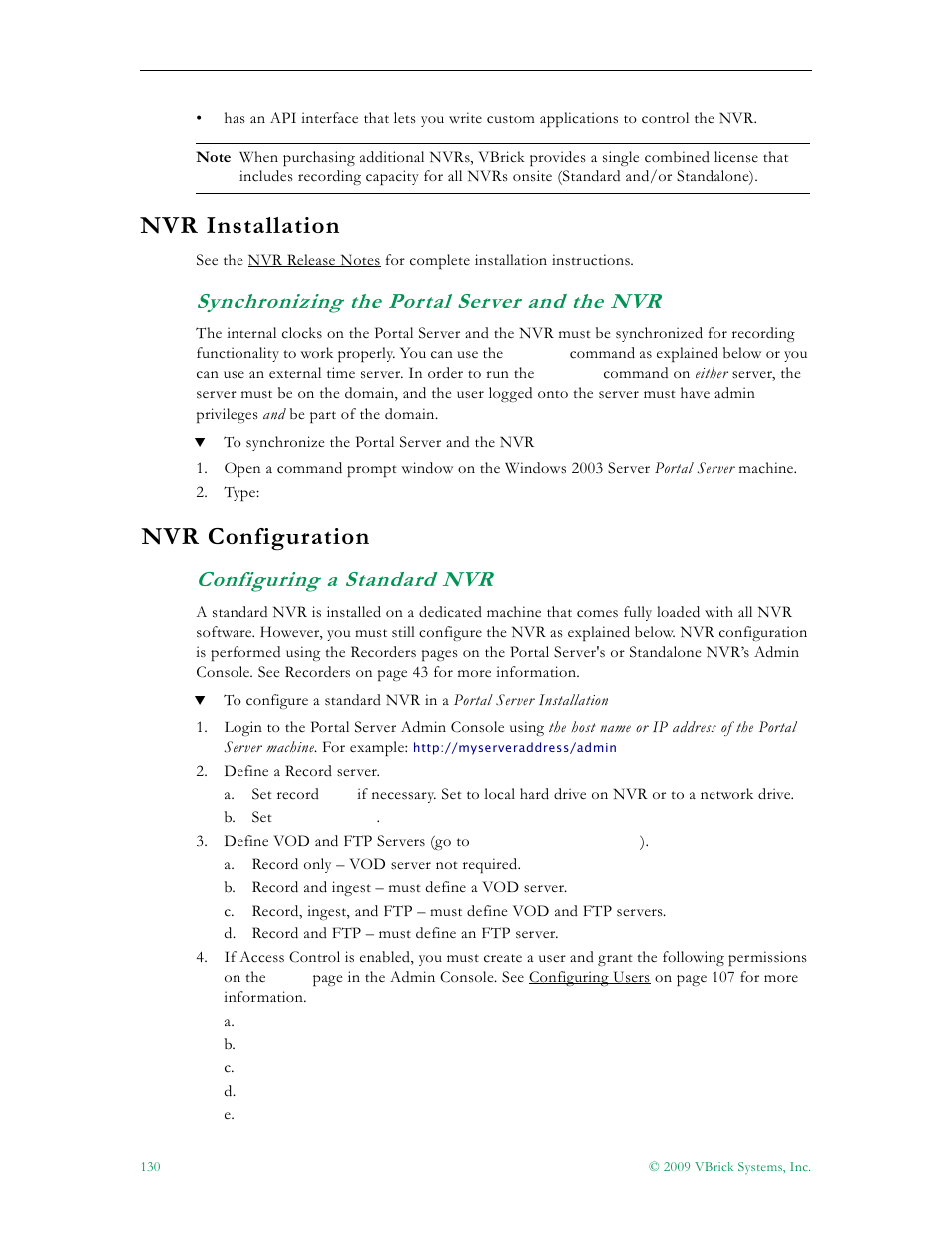 Nvr installation, Synchronizing the portal server and the nvr, Nvr configuration | Configuring a standard nvr, 130 nvr configuration | VBrick Systems ETHERNETV 4410-0118-0009 User Manual | Page 142 / 202