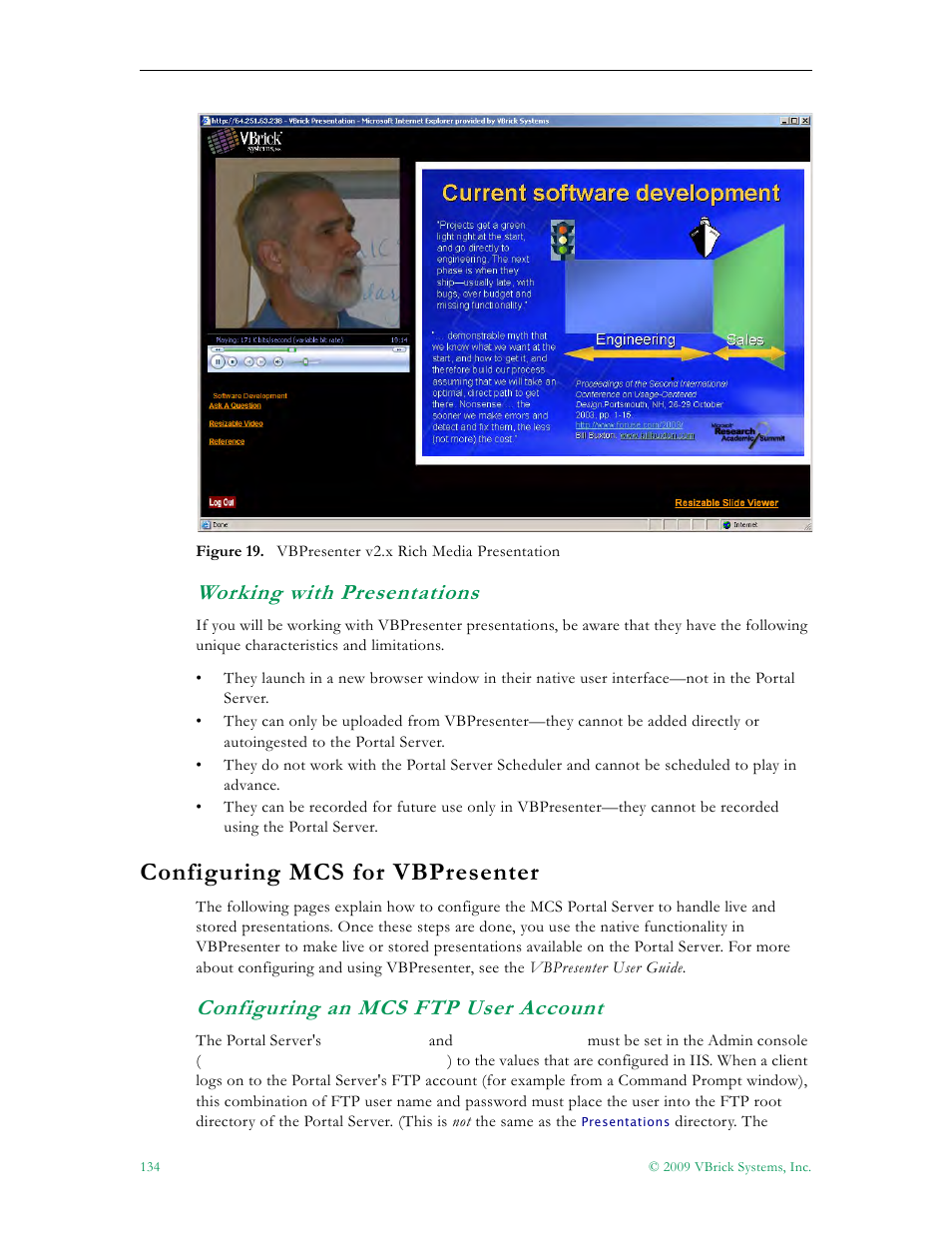 Working with presentations, Configuring mcs for vbpresenter, Configuring an mcs ftp user account | VBrick Systems ETHERNETV 4410-0118-0009 User Manual | Page 146 / 202