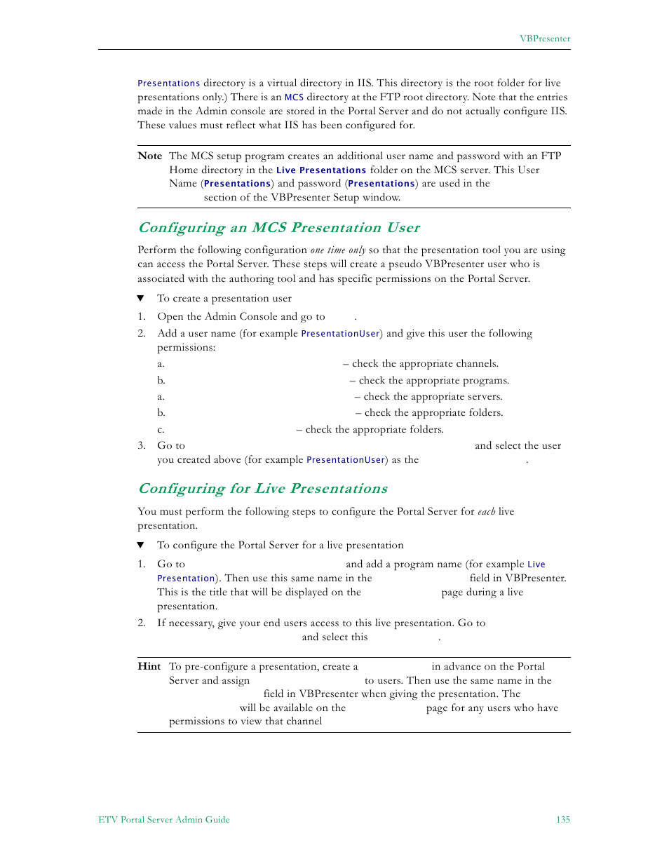 Configuring an mcs presentation user, Configuring for live presentations | VBrick Systems ETHERNETV 4410-0118-0009 User Manual | Page 147 / 202