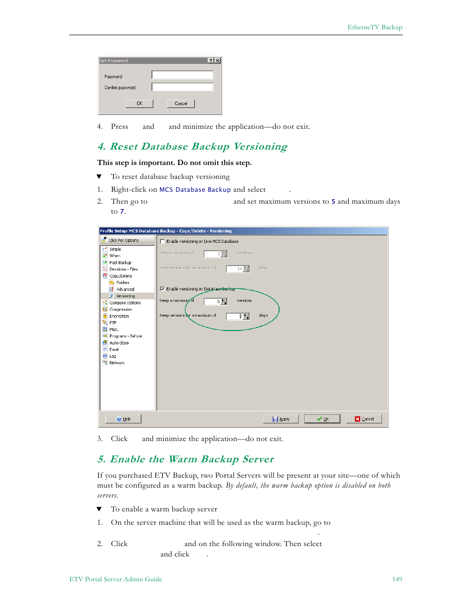 Reset database backup versioning, Enable the warm backup server | VBrick Systems ETHERNETV 4410-0118-0009 User Manual | Page 161 / 202