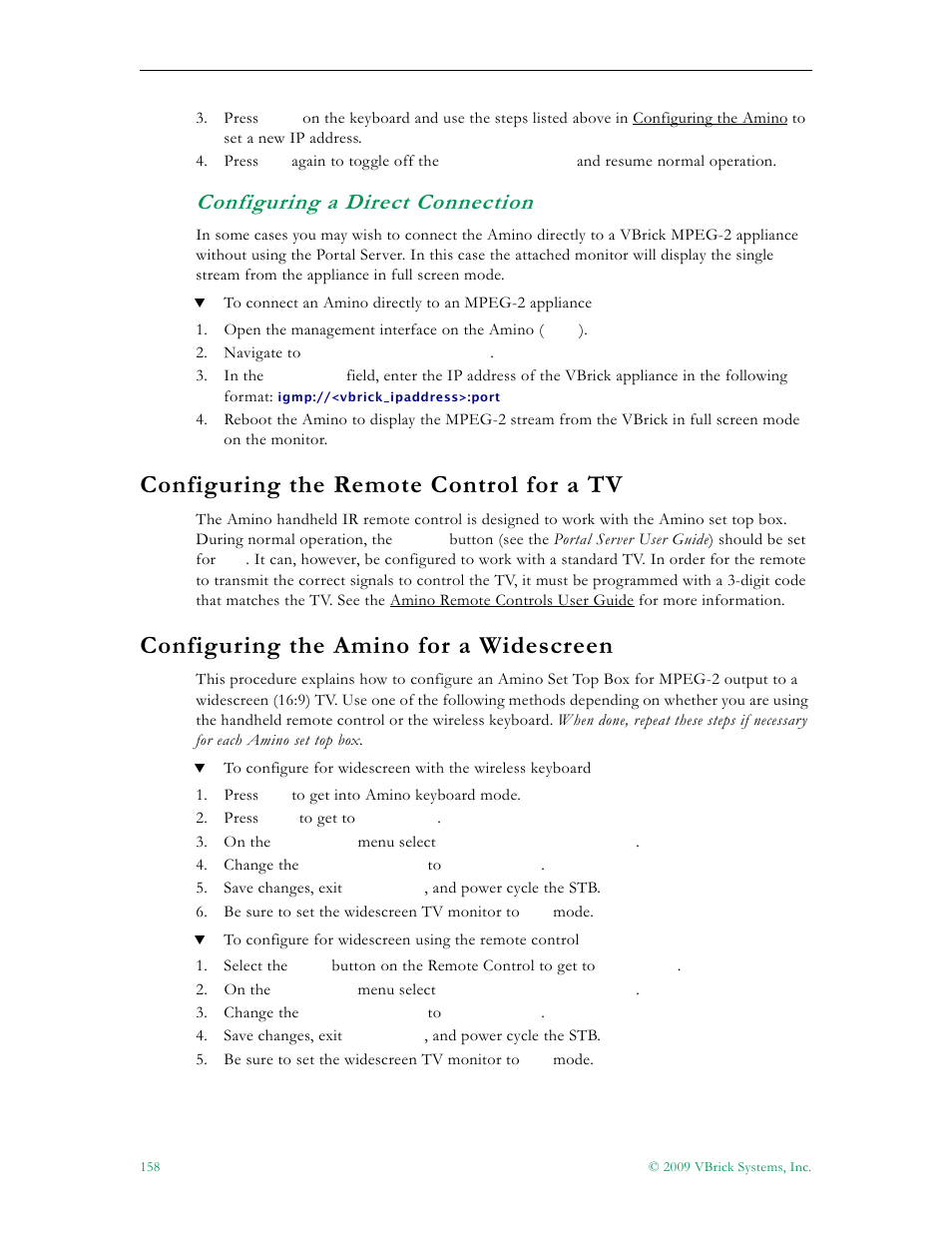 Configuring a direct connection, Configuring the remote control for a tv, 158 configuring the amino for a widescreen | Configuring the amino for a widescreen | VBrick Systems ETHERNETV 4410-0118-0009 User Manual | Page 170 / 202