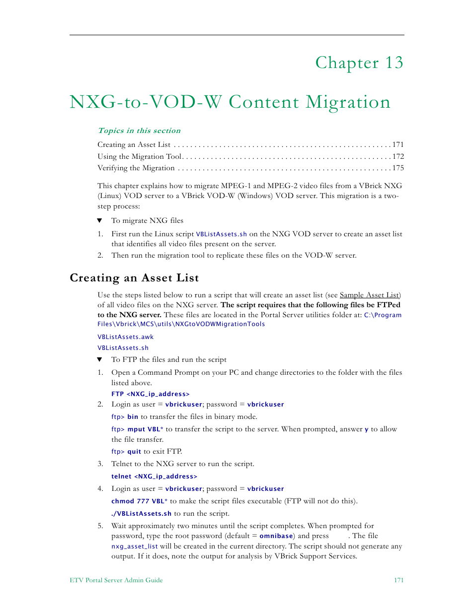 Nxg-to-vod-w content migration, Creating an asset list, Nxg-to-vod- w content migration | Chapter 13 | VBrick Systems ETHERNETV 4410-0118-0009 User Manual | Page 183 / 202