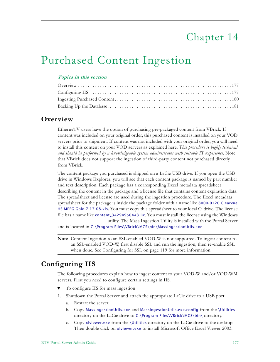 Purchased content ingestion, Overview configuring iis, Chapter 14 | Overview, Configuring iis | VBrick Systems ETHERNETV 4410-0118-0009 User Manual | Page 189 / 202