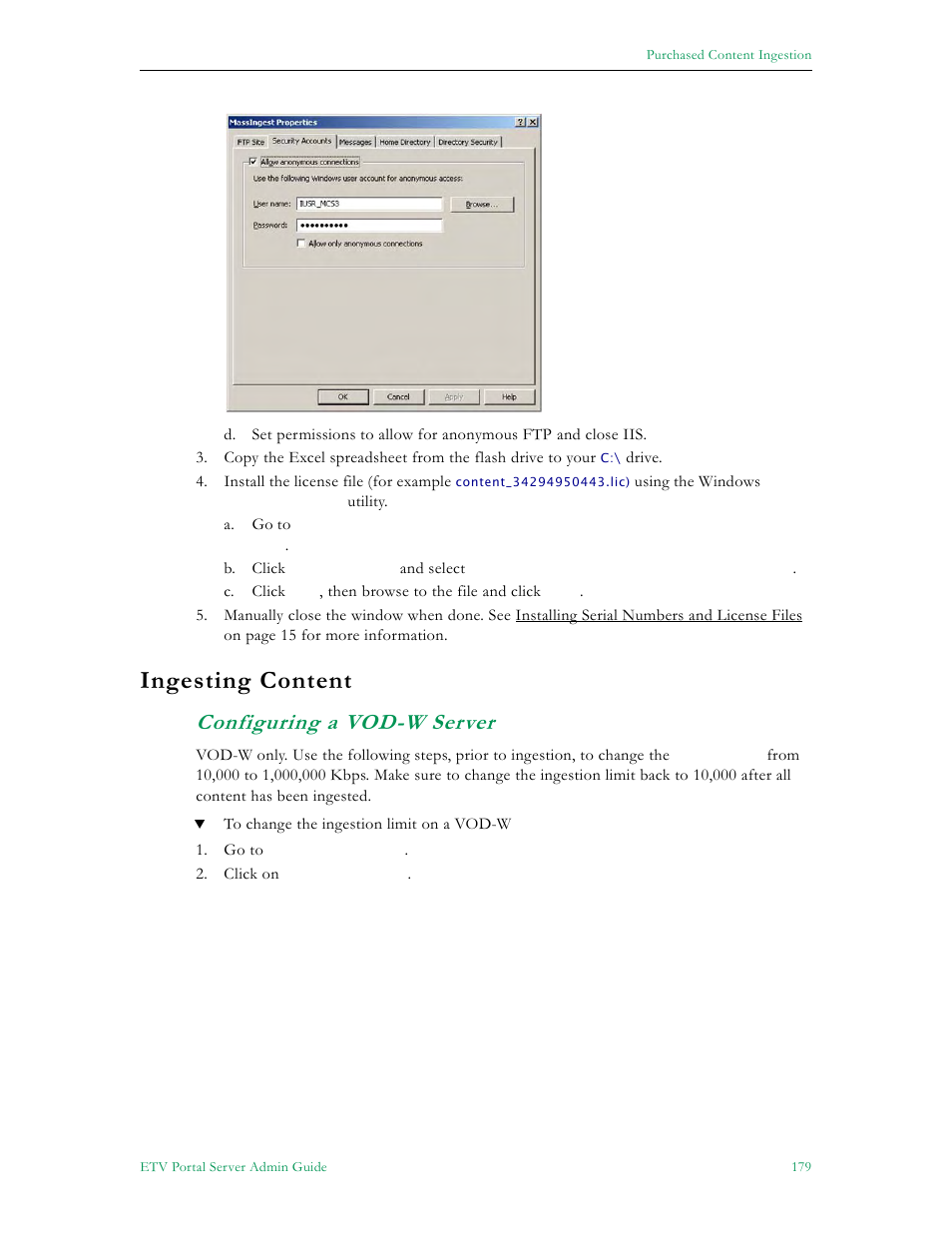 Ingesting content, Configuring a vod-w server | VBrick Systems ETHERNETV 4410-0118-0009 User Manual | Page 191 / 202
