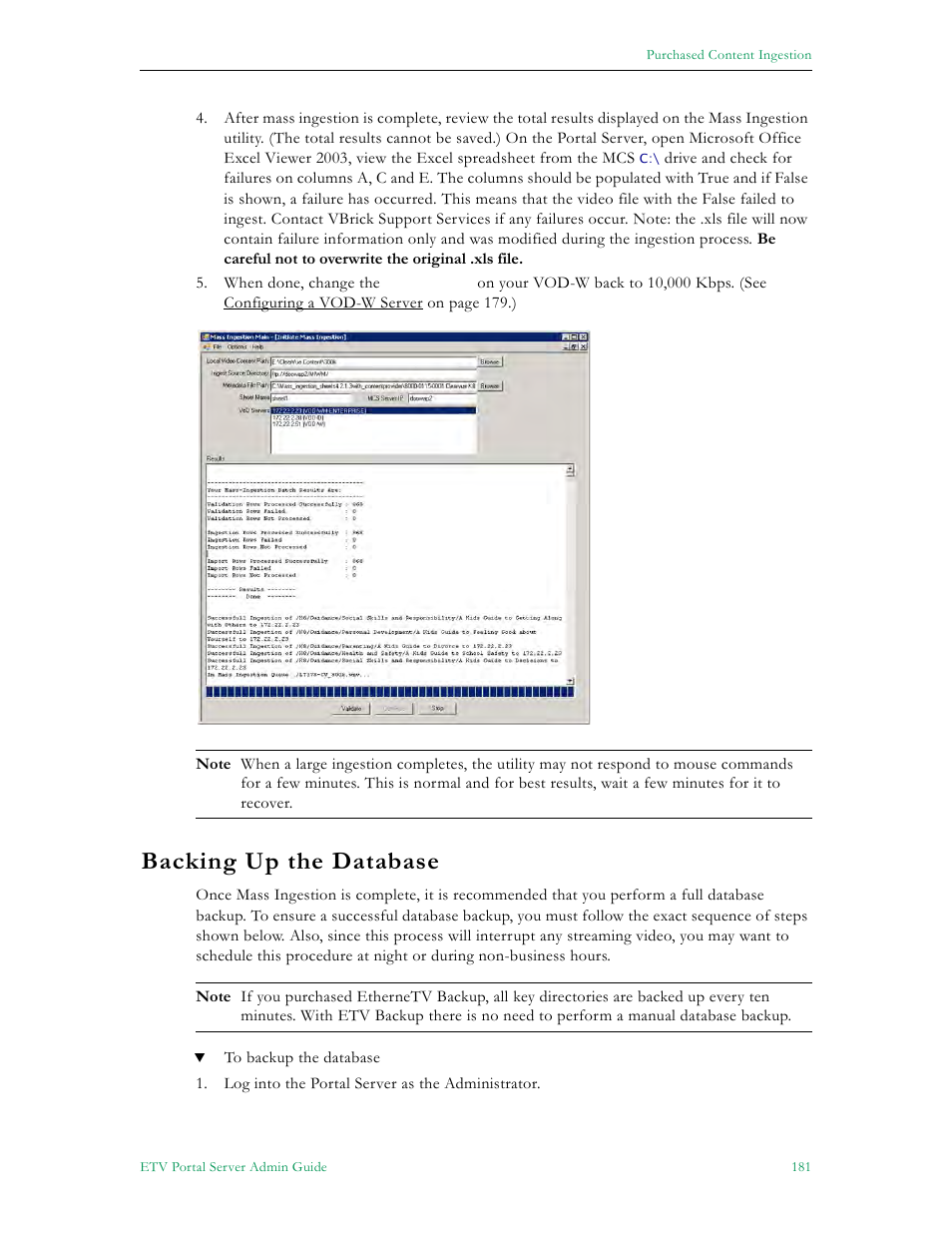 Backing up the database | VBrick Systems ETHERNETV 4410-0118-0009 User Manual | Page 193 / 202