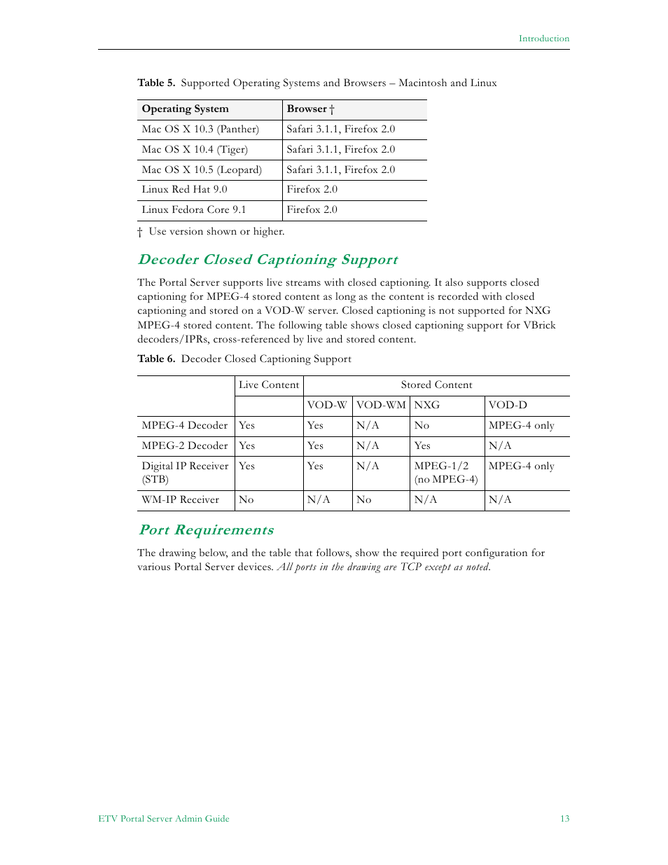 Decoder closed captioning support, Port requirements | VBrick Systems ETHERNETV 4410-0118-0009 User Manual | Page 25 / 202