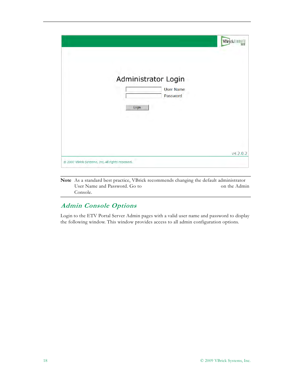 Admin console options | VBrick Systems ETHERNETV 4410-0118-0009 User Manual | Page 30 / 202
