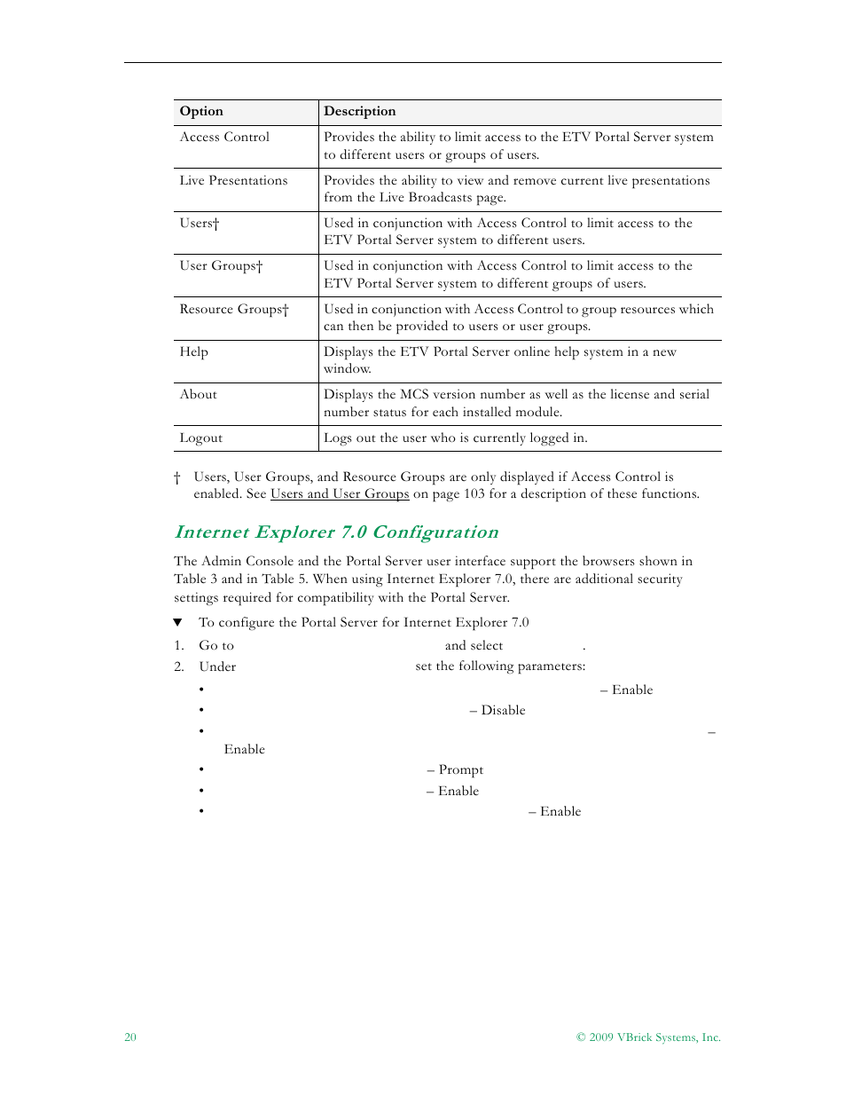 Internet explorer 7.0 configuration | VBrick Systems ETHERNETV 4410-0118-0009 User Manual | Page 32 / 202