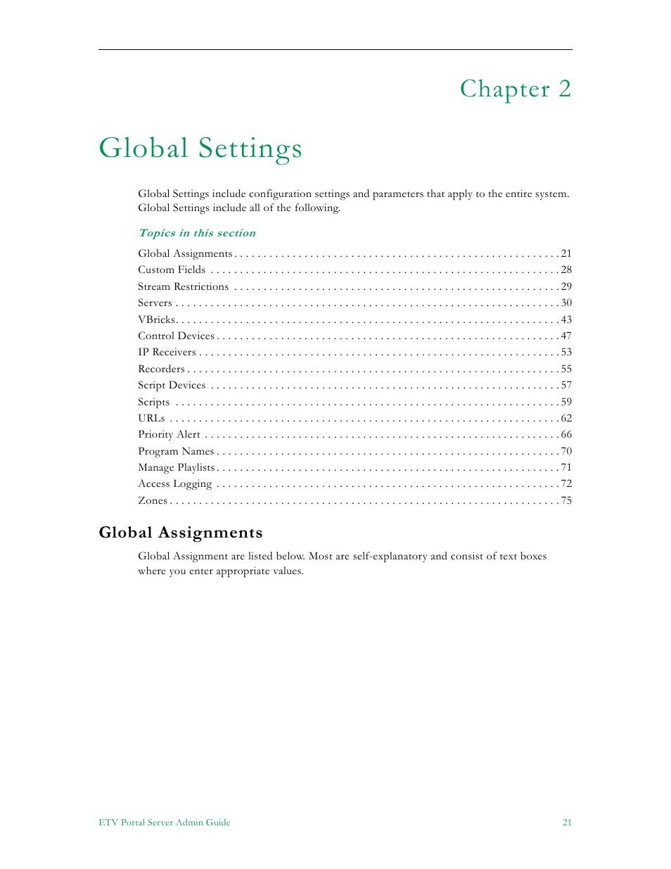 Global settings, Global assignments, In global assignments | Chapter 2 | VBrick Systems ETHERNETV 4410-0118-0009 User Manual | Page 33 / 202